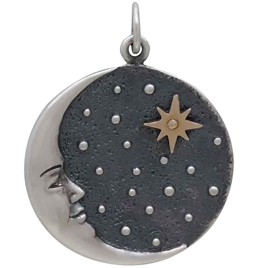 Silver Crescent Moon Face Pendant with Bronze Star - Poppies Beads n' More