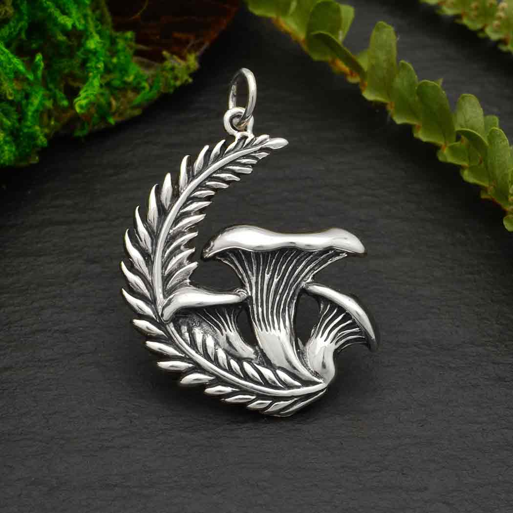 Silver Chanterelle Mushroom and Fern Pendant