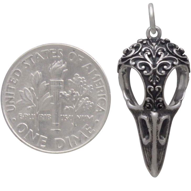 Silver Raven Skull Charm with Scroll Carving - Poppies Beads n' More