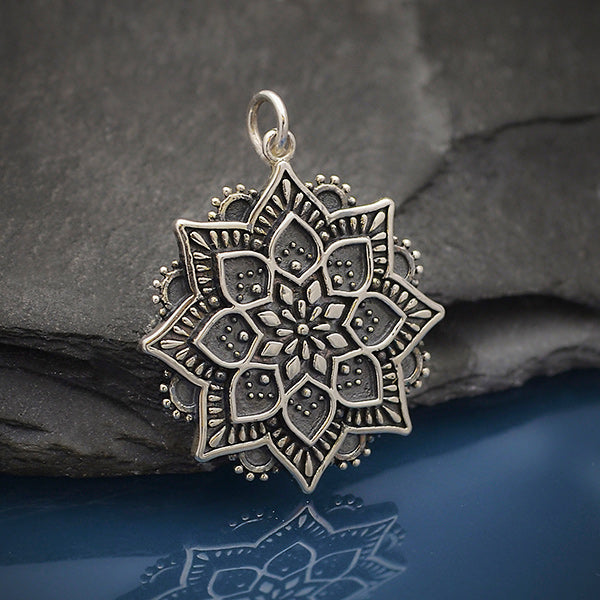 Sterling Silver Lotus Mandala Pendant - Medium - Poppies Beads n' More