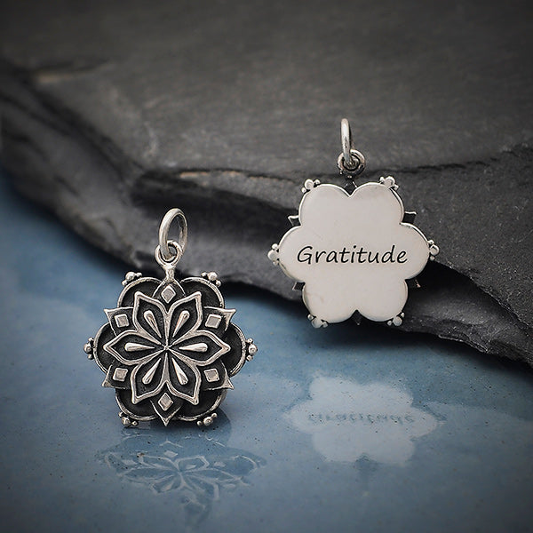 Sterling Silver Affirmation Mandala Charm - GRATITUDE - Poppies Beads n' More