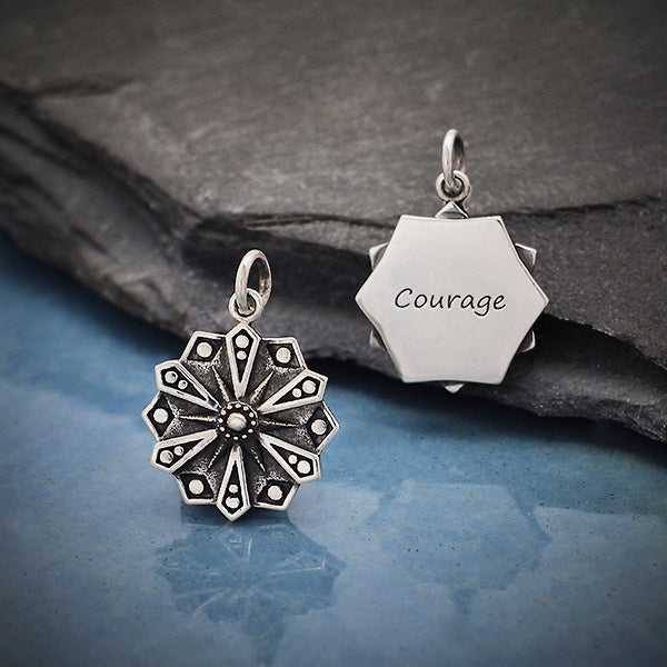 Sterling Silver Affirmation Mandala Charm - COURAGE - Poppies Beads n' More