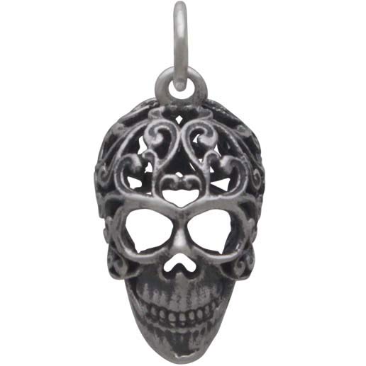 Sterling Silver Sugar Skull Charm with Filigree Scroll Work - Poppies Beads n' More