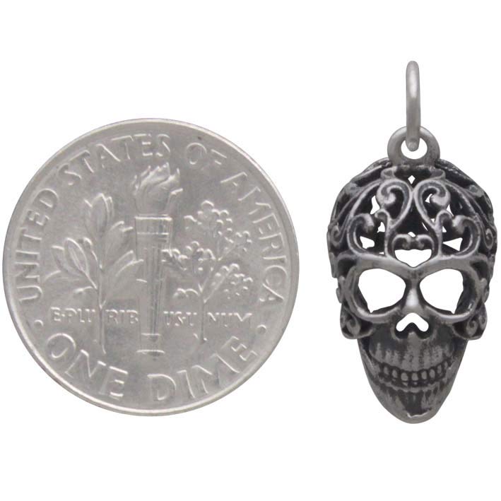 Sterling Silver Sugar Skull Charm with Filigree Scroll Work - Poppies Beads n' More