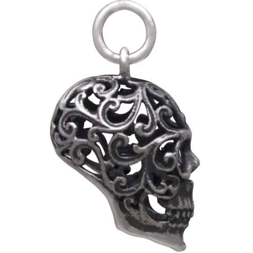 Sterling Silver Sugar Skull Charm with Filigree Scroll Work - Poppies Beads n' More