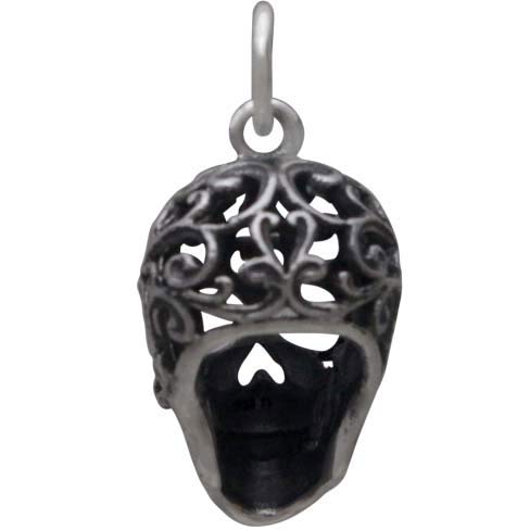 Sterling Silver Sugar Skull Charm with Filigree Scroll Work - Poppies Beads n' More