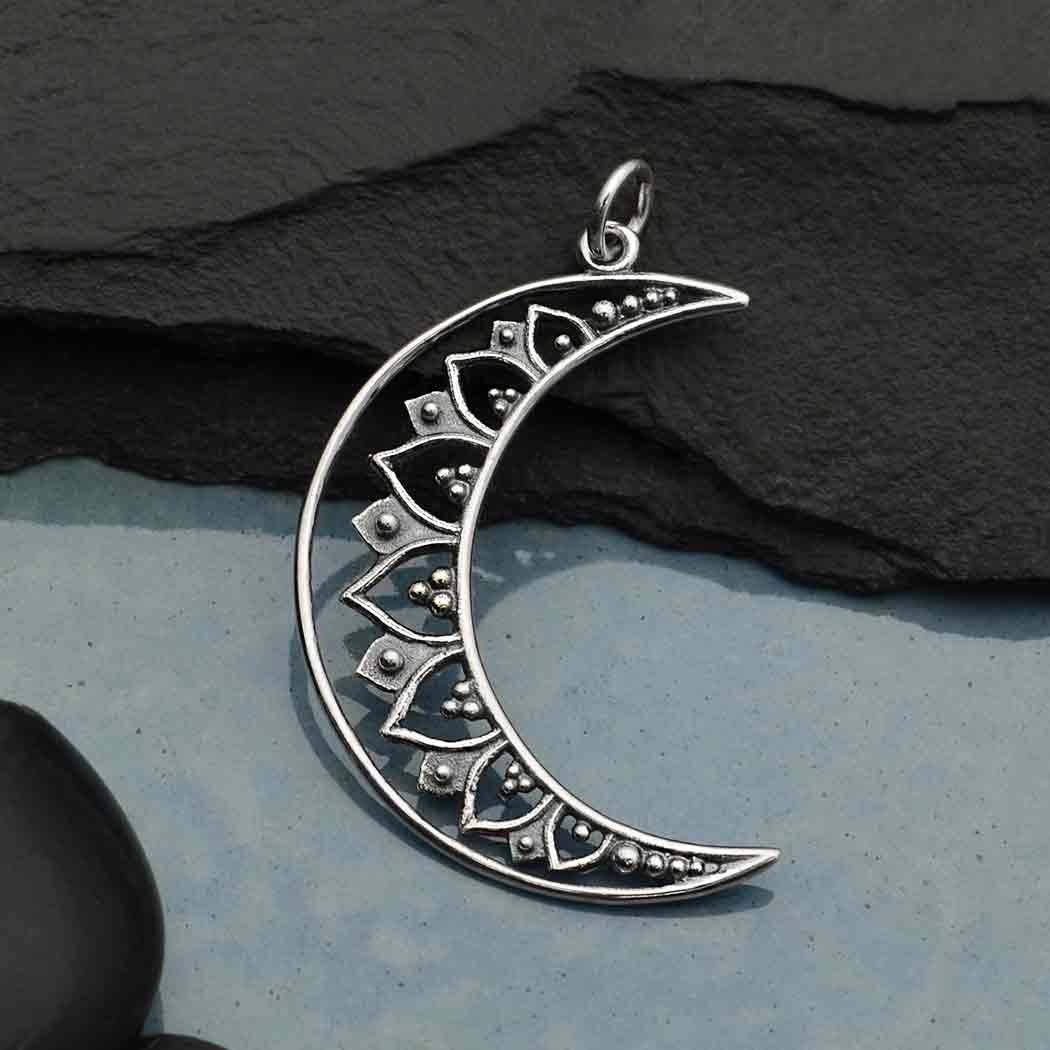 Sterling Silver Mandala Moon Pendant - Poppies Beads n' More