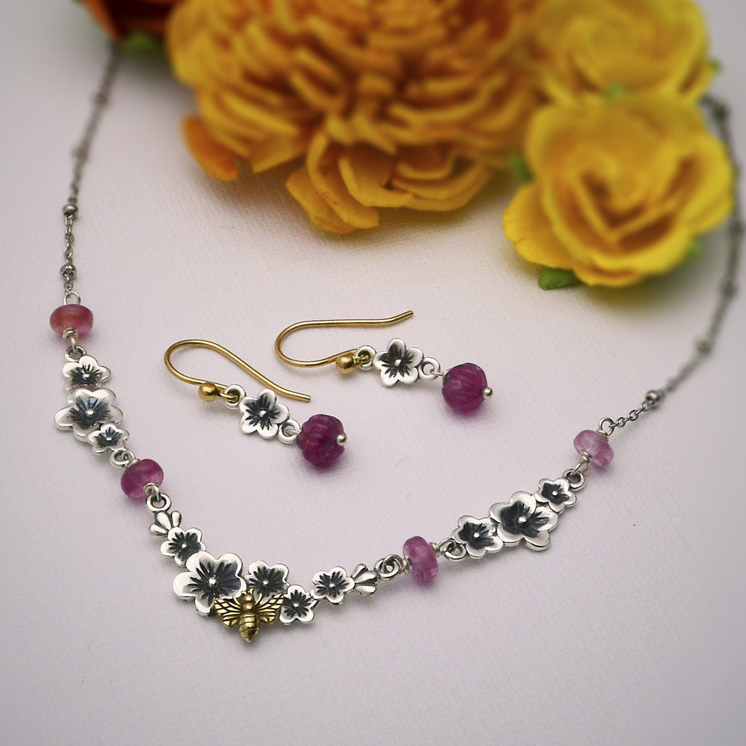 Silver Cherry Blossom Pendant Festoon with Bronze Bee - Poppies Beads n' More