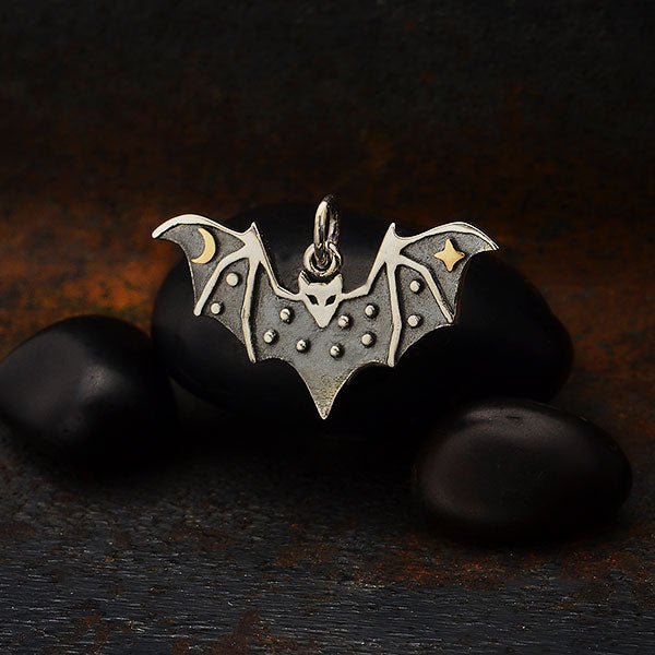 Sterling Silver Bat Charm with Bronze Star and Moon - Poppies Beads n' More