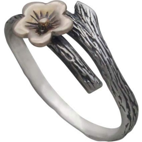 Sterling Silver Branch Ring with Bronze Cherry Blossom - Poppies Beads n' More