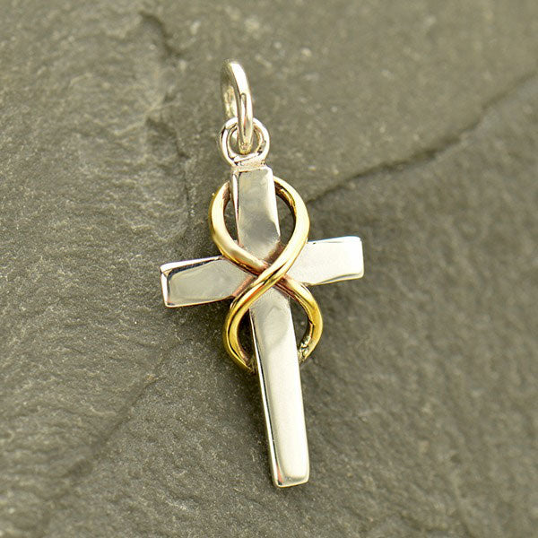 Sterling Silver Cross Charm with Bronze Infinity, - Poppies Beads n' More