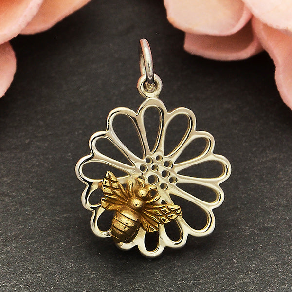 Sterling Silver Daisy Charm with Bronze Bee - Poppies Beads n' More