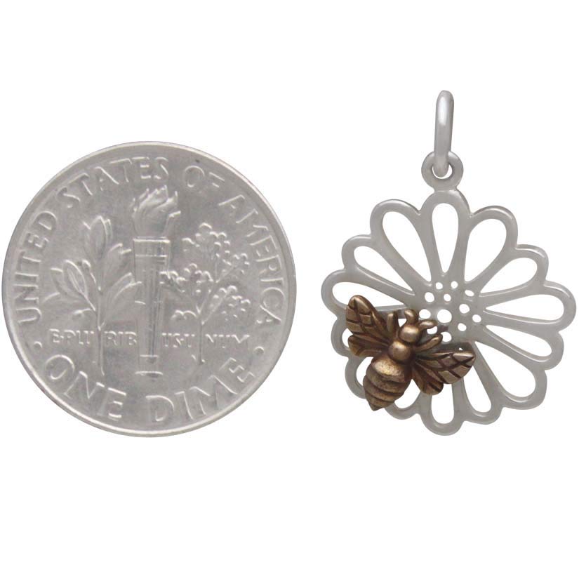 Sterling Silver Daisy Charm with Bronze Bee - Poppies Beads n' More