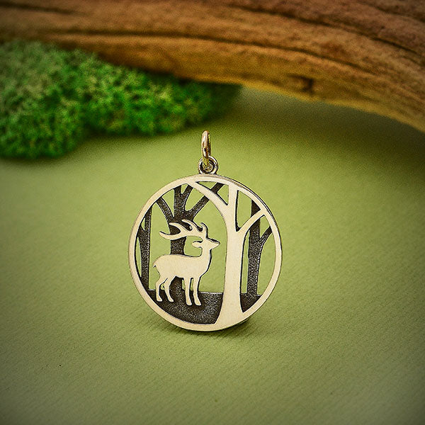 Sterling Silver Deer Charm with Trees - Poppies Beads n' More