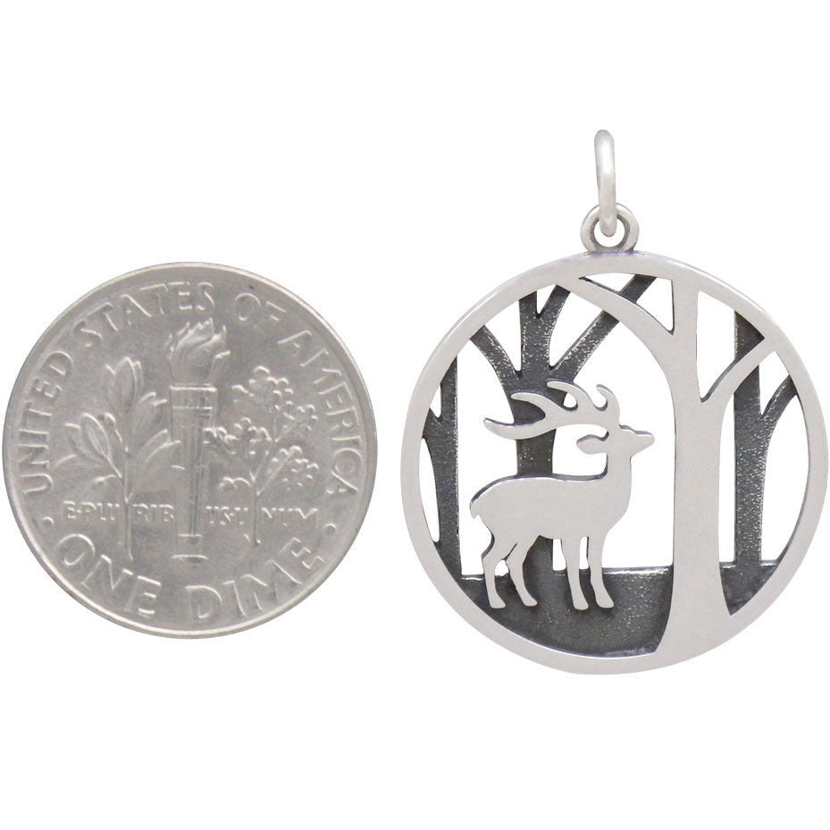 Sterling Silver Deer Charm with Trees - Poppies Beads n' More