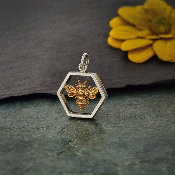 Sterling Silver Hexagon Charm with Bronze Bee - Poppies Beads n' More