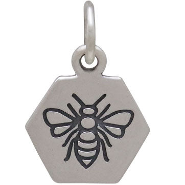 Sterling Silver Hexagon Charm with Etched Bee - Poppies Beads n' More