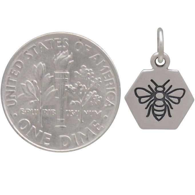 Sterling Silver Hexagon Charm with Etched Bee - Poppies Beads n' More