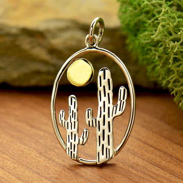 Sterling Silver Oval Cactus Pendant with Bronze Sun, - Poppies Beads n' More