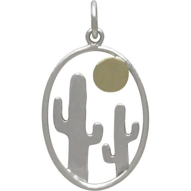 Sterling Silver Oval Cactus Pendant with Bronze Sun, - Poppies Beads n' More