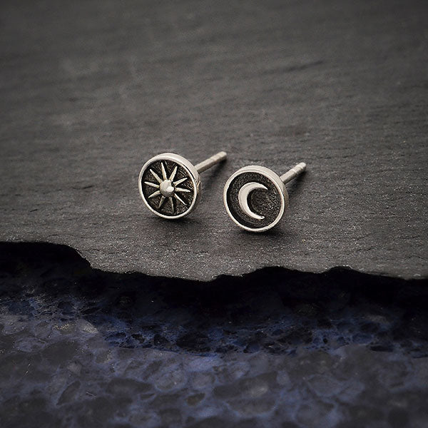 Sterling Silver Raised Sun and Moon Post Earrings - Poppies Beads n' More