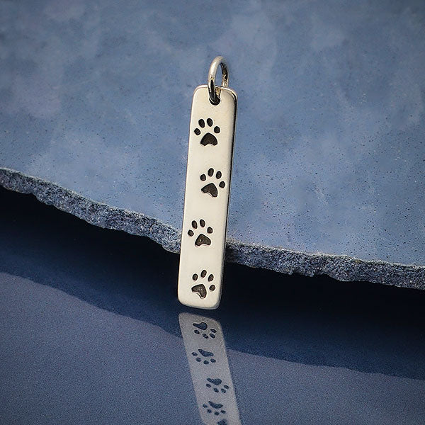 Sterling Silver Rectangle Charm with 4 Paw Prints - Poppies Beads n' More