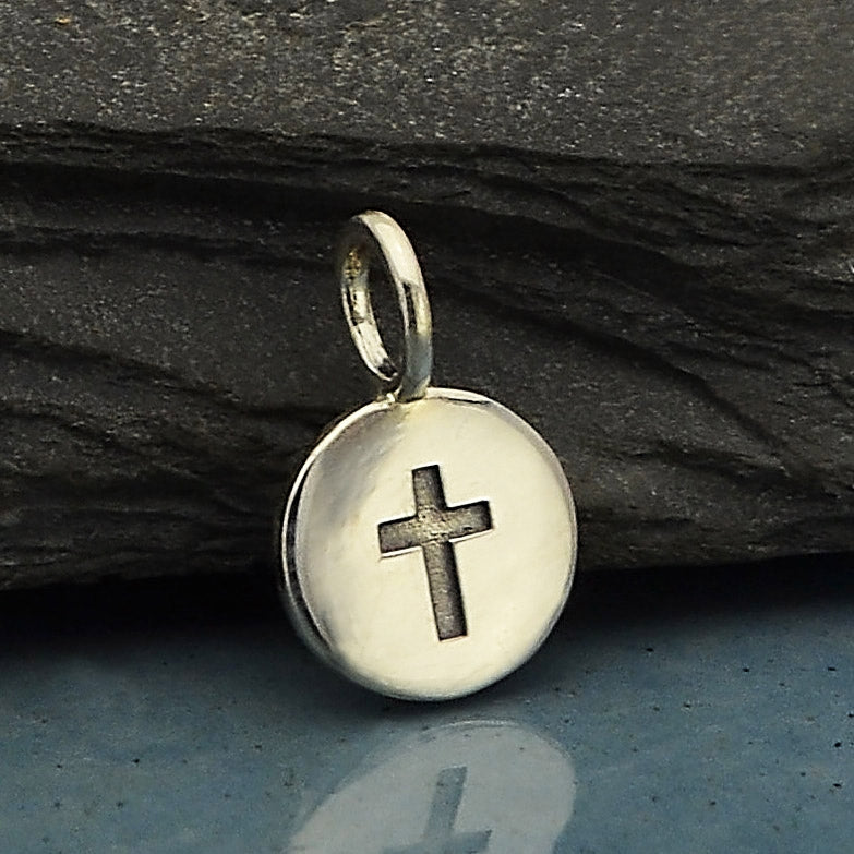 Sterling Silver Cross Charm on a Disk - Poppies Beads n' More