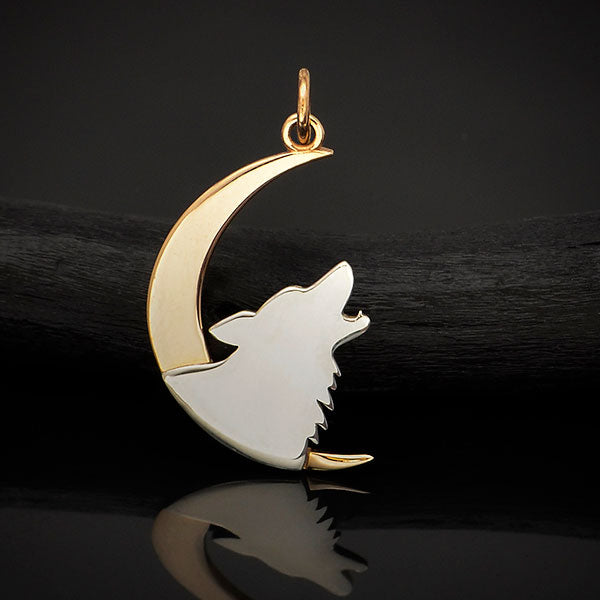 Sterling Silver Howling Wolf Charm with Bronze Moon - Poppies Beads n' More