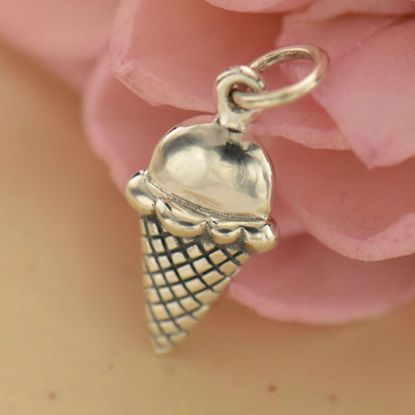 Sterling Silver Ice Cream Cone Charm - Food Charm - Poppies Beads n' More
