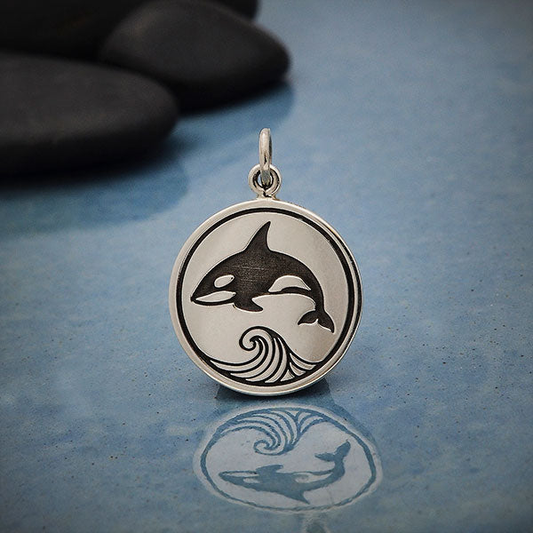 Sterling Silver Killer Whale Charm on a Disk - Poppies Beads n' More