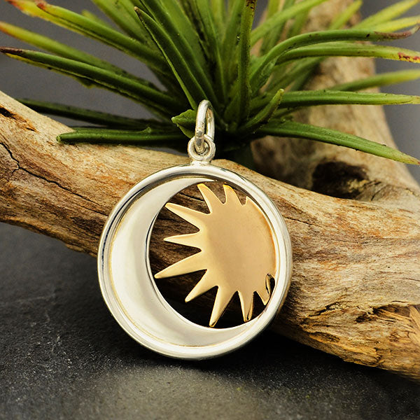 Sterling Silver Moon Charm in a Disk with Bronze Sun - Poppies Beads n' More