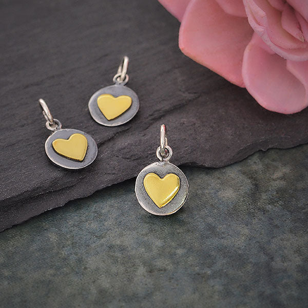 Sterling Silver Oxidized Disk Charm with Bronze Heart - Poppies Beads n' More