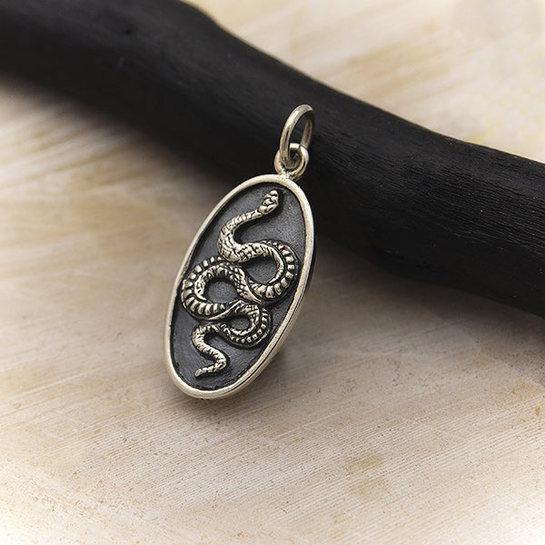 Sterling Silver Snake Pendant on Oval Disk - Poppies Beads n' More