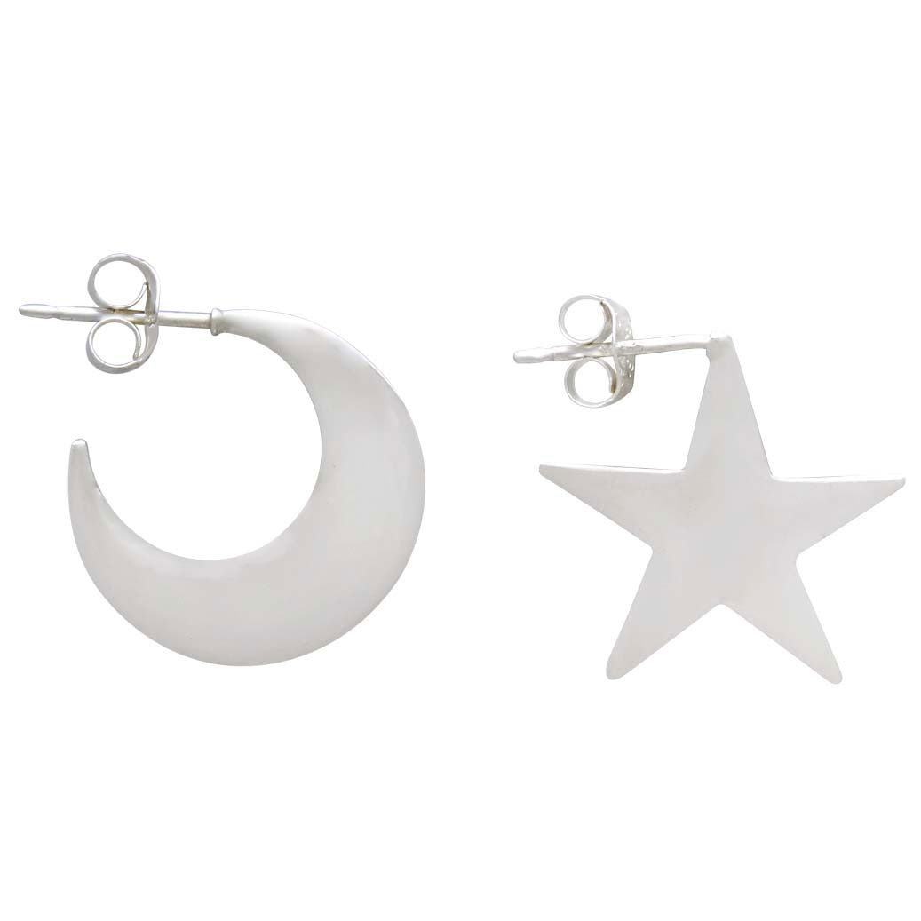 Sterling Silver Star and Moon Post Hoop Earrings - Poppies Beads n' More