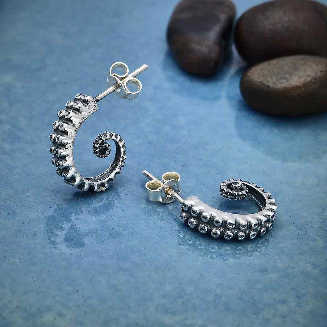 Sterling Silver Octopus Tentacle Post Hoop Earrings - Poppies Beads n' More