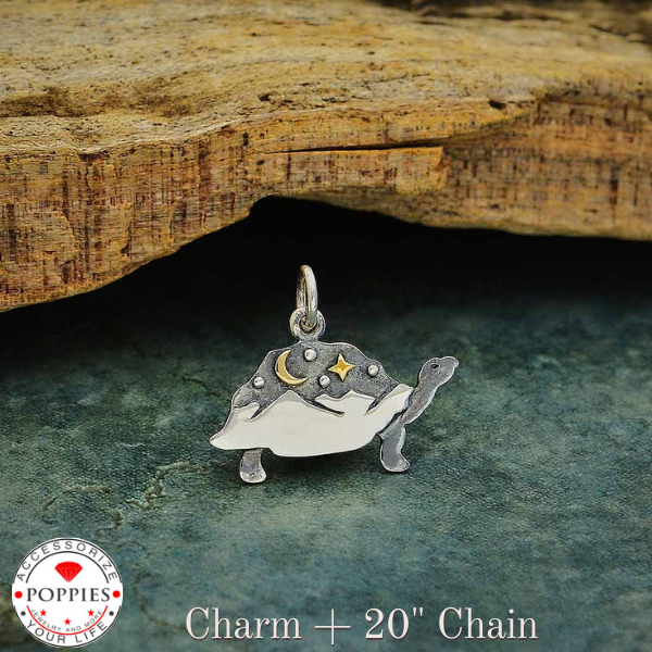 Silver Tortoise Charm with Mountains and Bronze Moon - Poppies Beads n' More