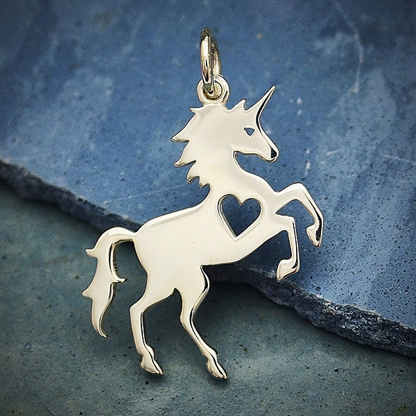 Sterling Silver Unicorn Charm with Heart Cutout - Poppies Beads n' More