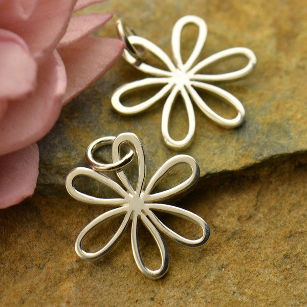 Sterling Silver Daisy Charm with Open Petals - Poppies Beads n' More