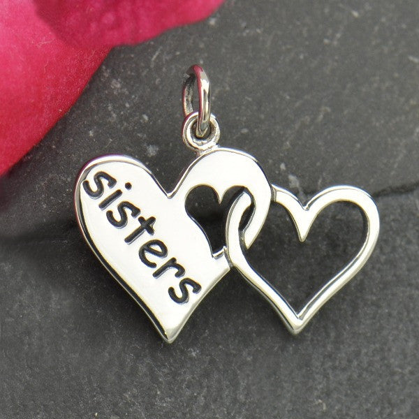 Sterling Silver Sister Charm - Two Linked Hearts - Poppies Beads n' More
