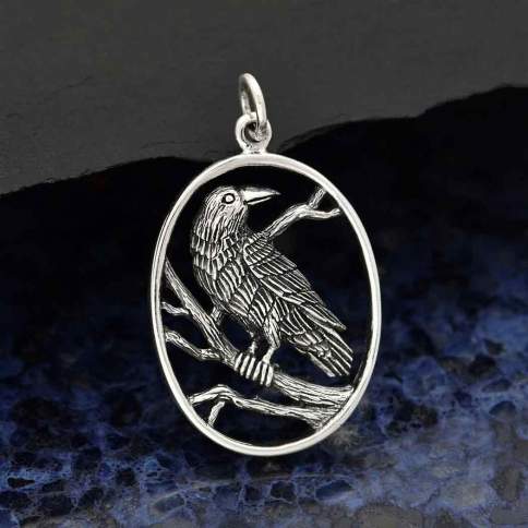 Sterling Silver Raven Pendant in Oval Frame - Poppies Beads n' More