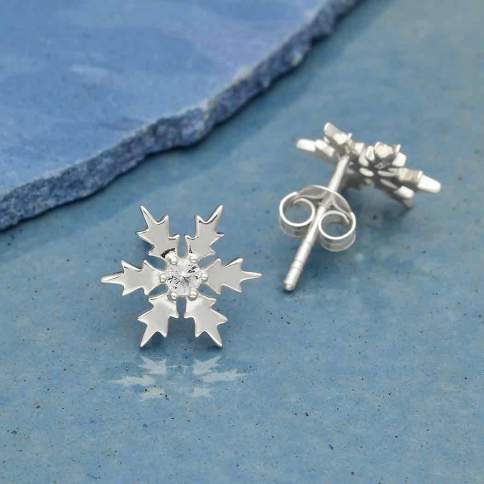 Sterling Silver Snowflake Post Earrings with Nanogem - Poppies Beads n' More