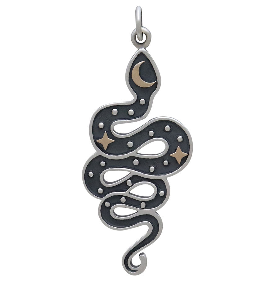 Silver Snake Pendant with Bronze Moon and Stars - Poppies Beads n' More