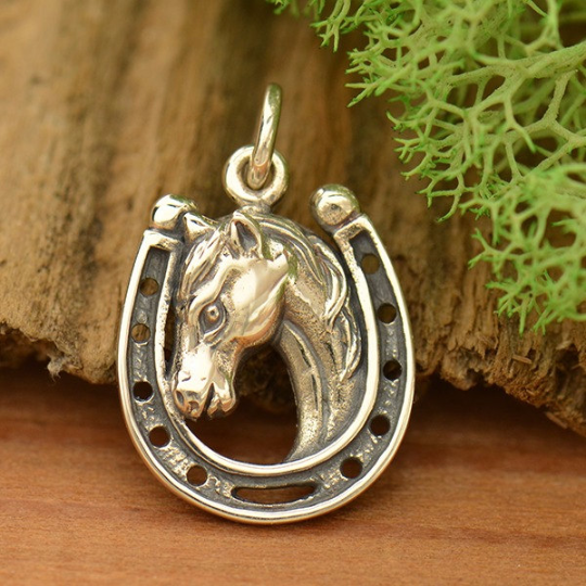 Sterling Silver Lucky Horse in Horseshoe Charm - Poppies Beads n' More