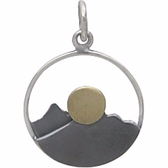 Sterling Silver Mountain Range Pendant with Bronze Sun - Poppies Beads n' More