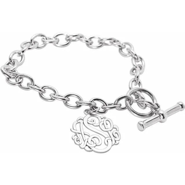 Sterling Silver Monogram 3 Letter Script Charm Bracelet with Toggle Clasp - Poppies Beads n' More