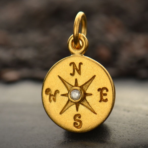 Compass Charm with 1-pt Diamond, - Poppies Beads n' More