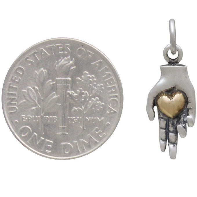 Sterling Silver Charm Hand Holding Bronze Heart - Poppies Beads n' More