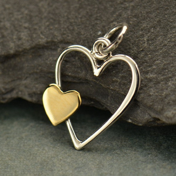 Sterling Silver Open Heart with Bronze Heart Charm - Poppies Beads n' More