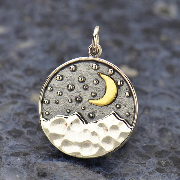 Sterling Silver Mountain Pendant with Bronze Moon - Poppies Beads n' More