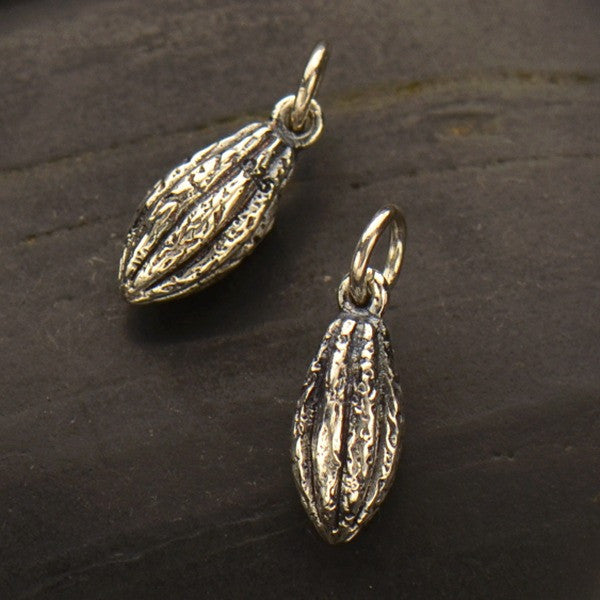 Silver Cocoa Bean Pendant - Chocolate Pod Charm - Poppies Beads n' More
